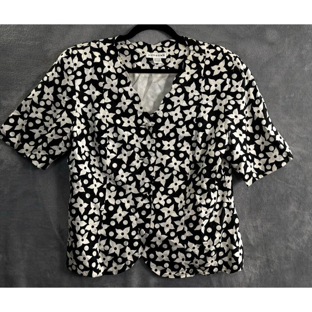 HUDSON'S Women Silk Blazer Size 12 Black White Floral Button Front Elegant 36-11